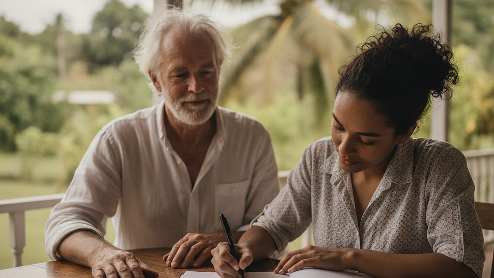 Two business partners on a verandah; she signs their document while he looks on.